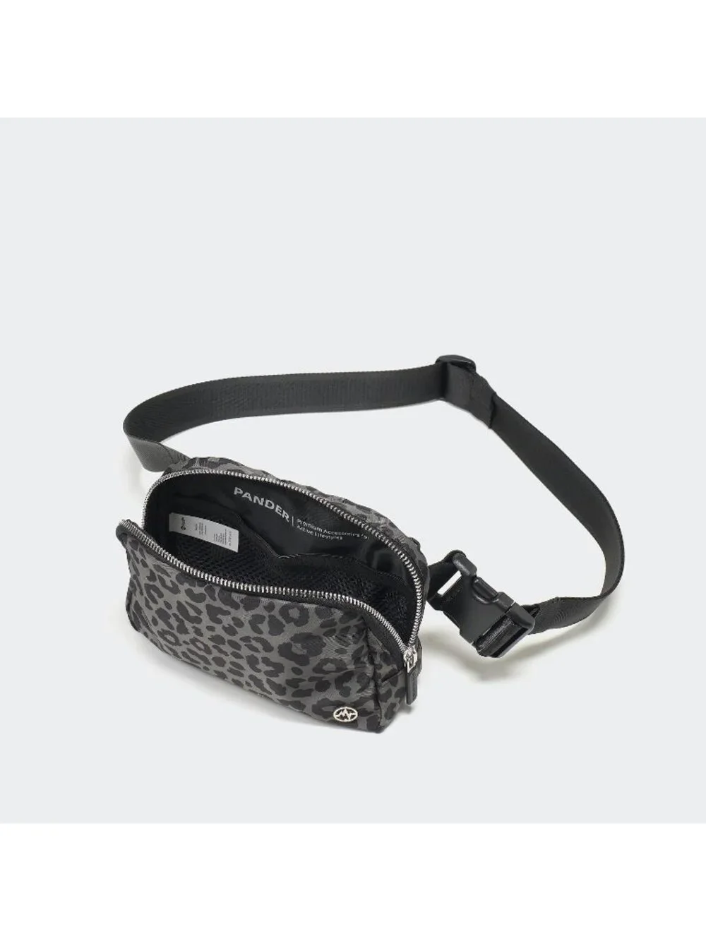 Men's Grey Leopard Crossbody Belt Bag Wide Zipper Adjustable Strap 3-Pockets